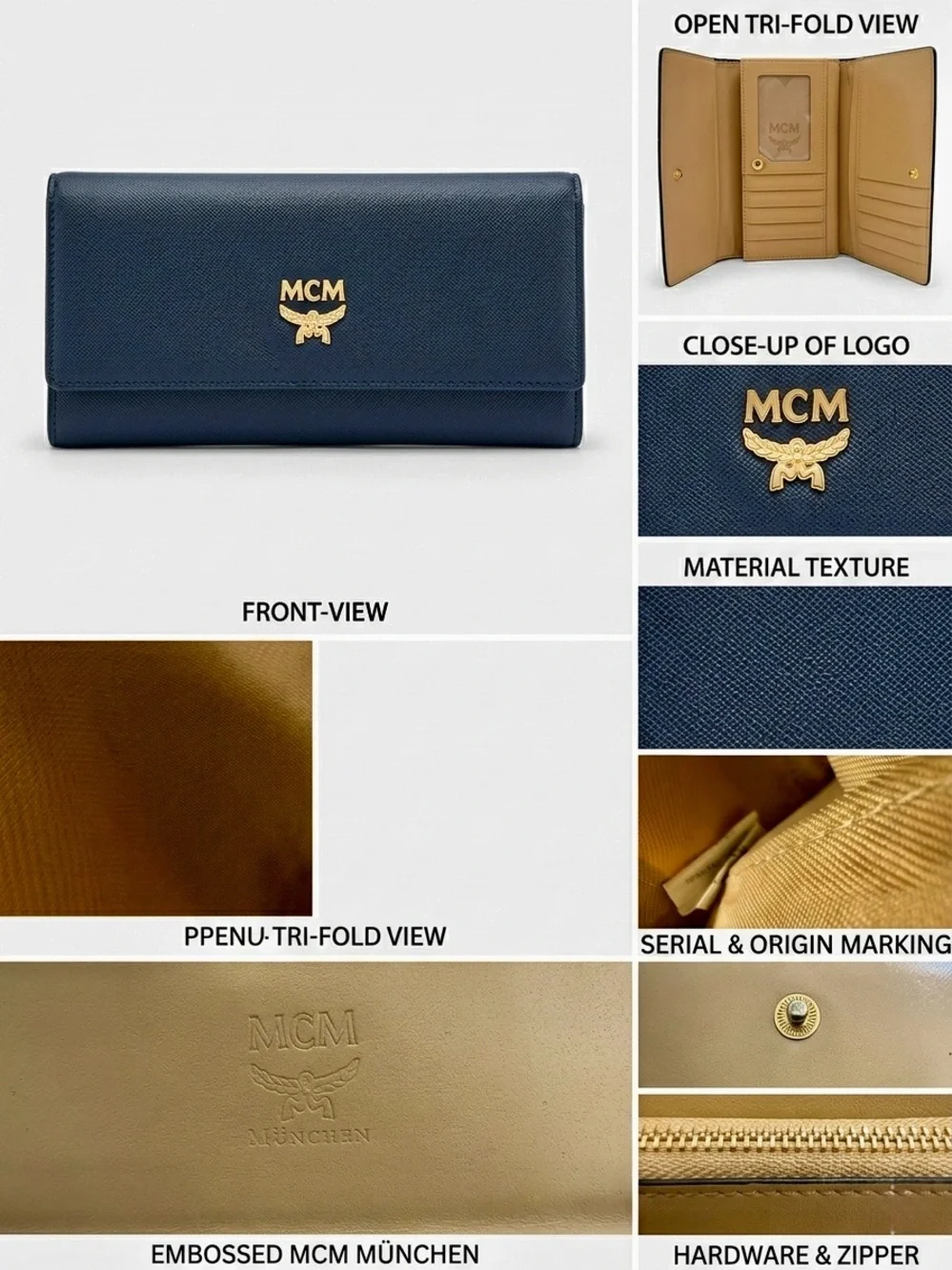 MCM Navy Blue Saffiano Leather Continental TriFold Wallet w/ COA